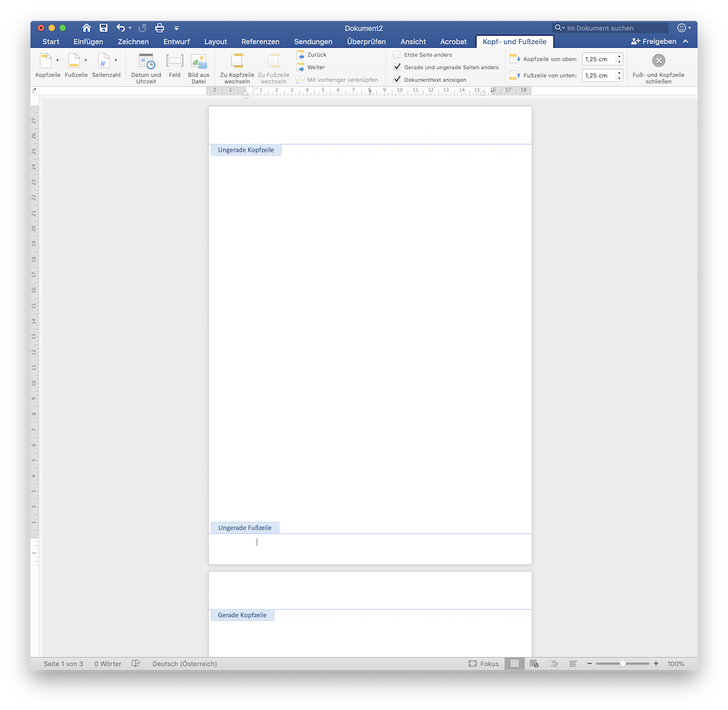 Seitenzahlen in Fußzeilen in Word doppelseitiger Druck
